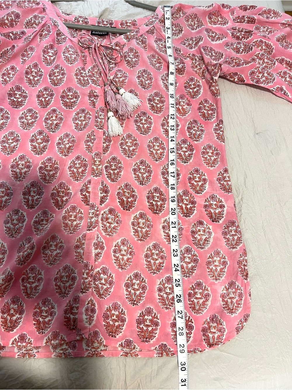 Madison Mathews Pink Tassel Tie 3/4 Sleeve Peasant Top SZ M EUC - Picture 8 of 8
